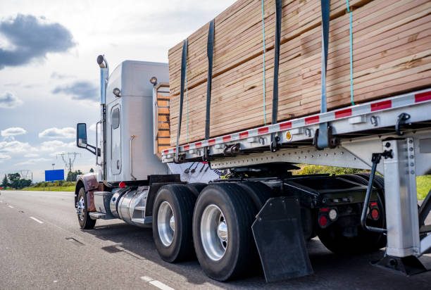 White classic powerful bonnet American big rig professional semi truck tractor transporting tightened wood lumber cargo on flat bed semi trailer running on wide multiline highway road